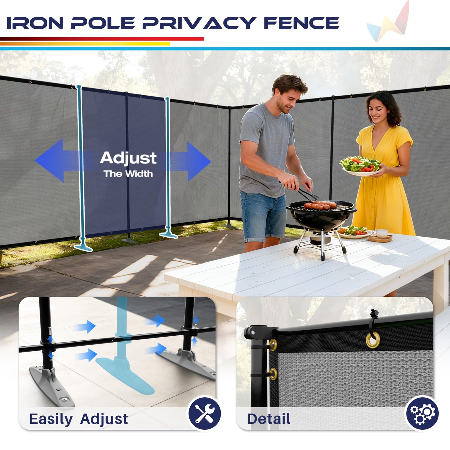 Windscreen4less Outdoor Privacy Fence Screen, 5'x24' Freestanding Privacy Fencing Set with Iron Poles and Ground Spikes, UV Resistant Mesh Cover Garden Pet Fencing for Backyard Patio Pool, Light Gray