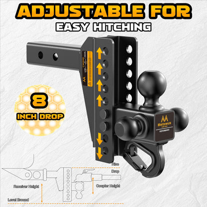 Mmtowus Adjustable Trailer Hitch - Drop Hitch 2-Inch Receiver - Tri Ball Mount with Hook (1-7/8'', 2'' & 2-5/16''), 8'' Drop/Rise Tow Hitch, 12,500 LBS GTW, 3 Ball Hitches for Trucks, RV, Camper etc