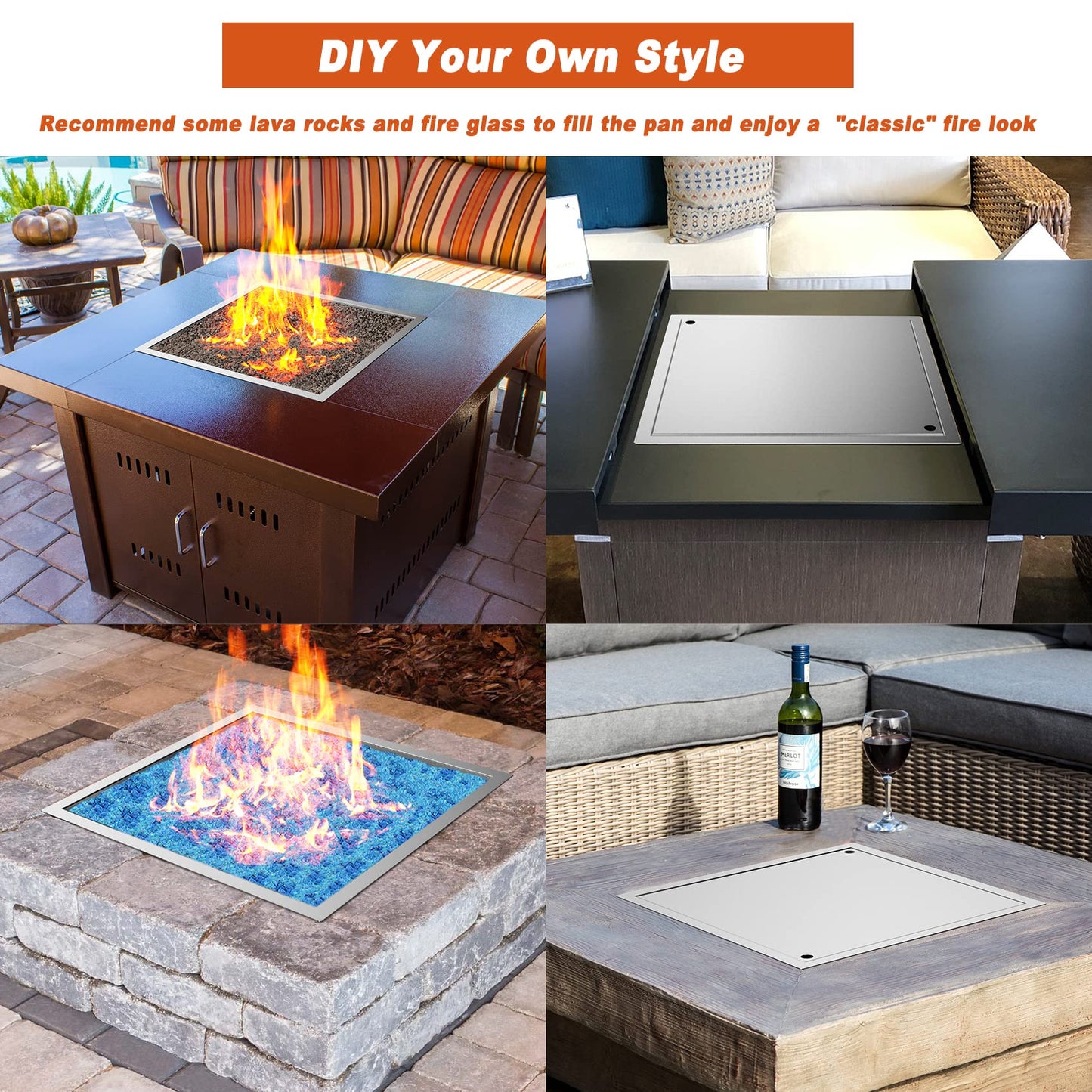 Skyflame 18 inch Square Stainless Steel Drop in Fire Pit Burner Pan with Burner Ring and Protective Cover