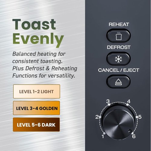 Elite Gourmet Long Slot 4-Slice Toaster - 1.5” Wide Slots, 6 Shade Settings, Stainless Steel Finish