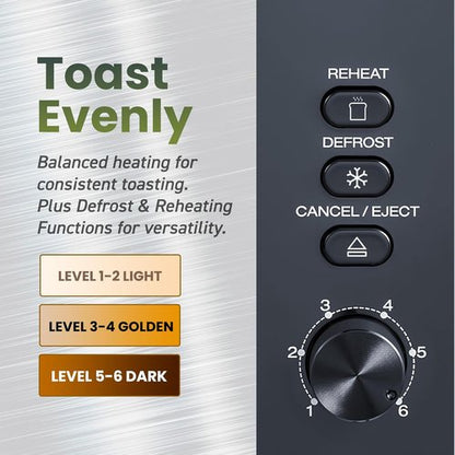 Elite Gourmet Long Slot 4-Slice Toaster - 1.5” Wide Slots, 6 Shade Settings, Stainless Steel Finish