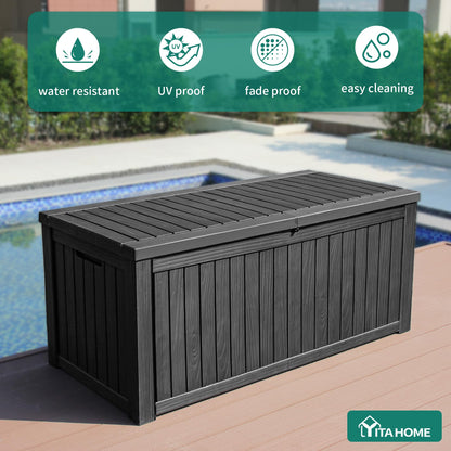 YITAHOME 180 Gallon Large Deck Box w/Divider, XL Waterproof Outdoor Storage for Patio Furniture,Outdoor Cushions, Garden Tools, Sports Equipment and Pool Supplies, Resin, Lockable, Black