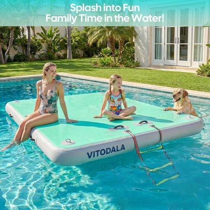 Inflatable Floating Dock, Water Island Float Raft Mat with Non-Slip Surface, 10FT Air Deck Platform, 6 Inch Thick for Pool, Lake, River, Beach, Ocean (Mint Green)