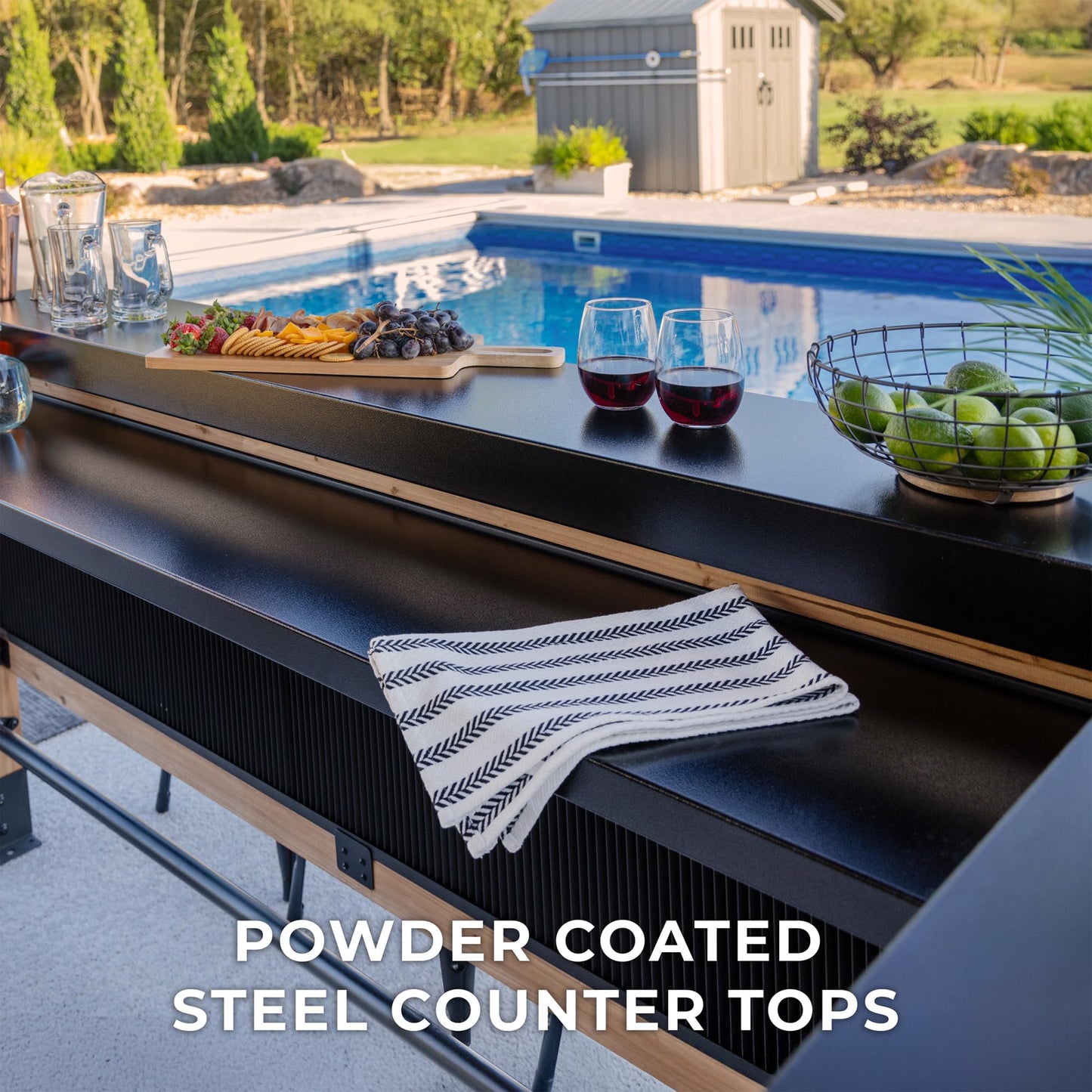 Backyard Discovery Palisade 9' x 6' Cedar Wood Outdoor Bar Set with Galvanized Steel Roof, Bar Top, Shelving, Snow Load Support, Wind Resistance, PowerPort for Patio, Deck, Entertaining