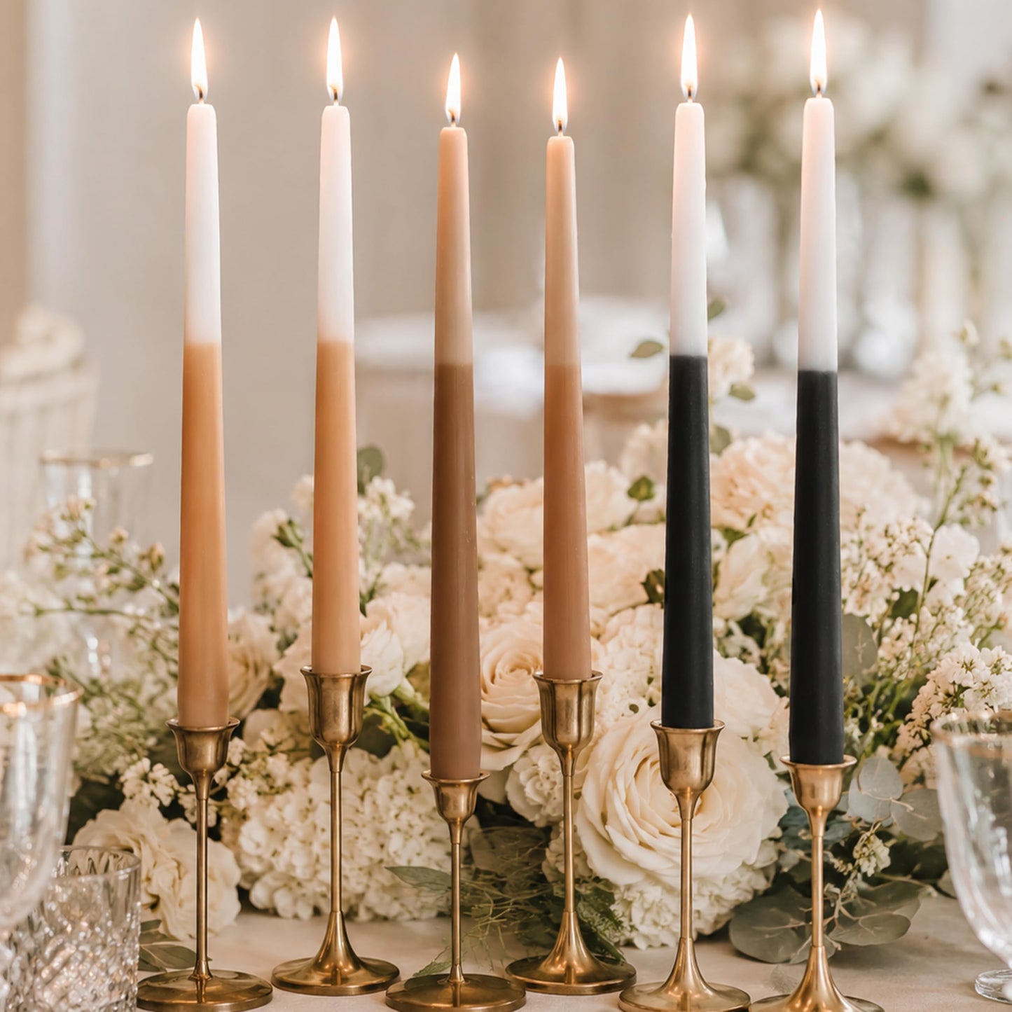 10 Inch Taper Candles Set of 6, Handmade Unscented Candle Stick Brown Beige Black Color Block Dinner Candles for Candlestick Holders, Wedding Table Centerpieces