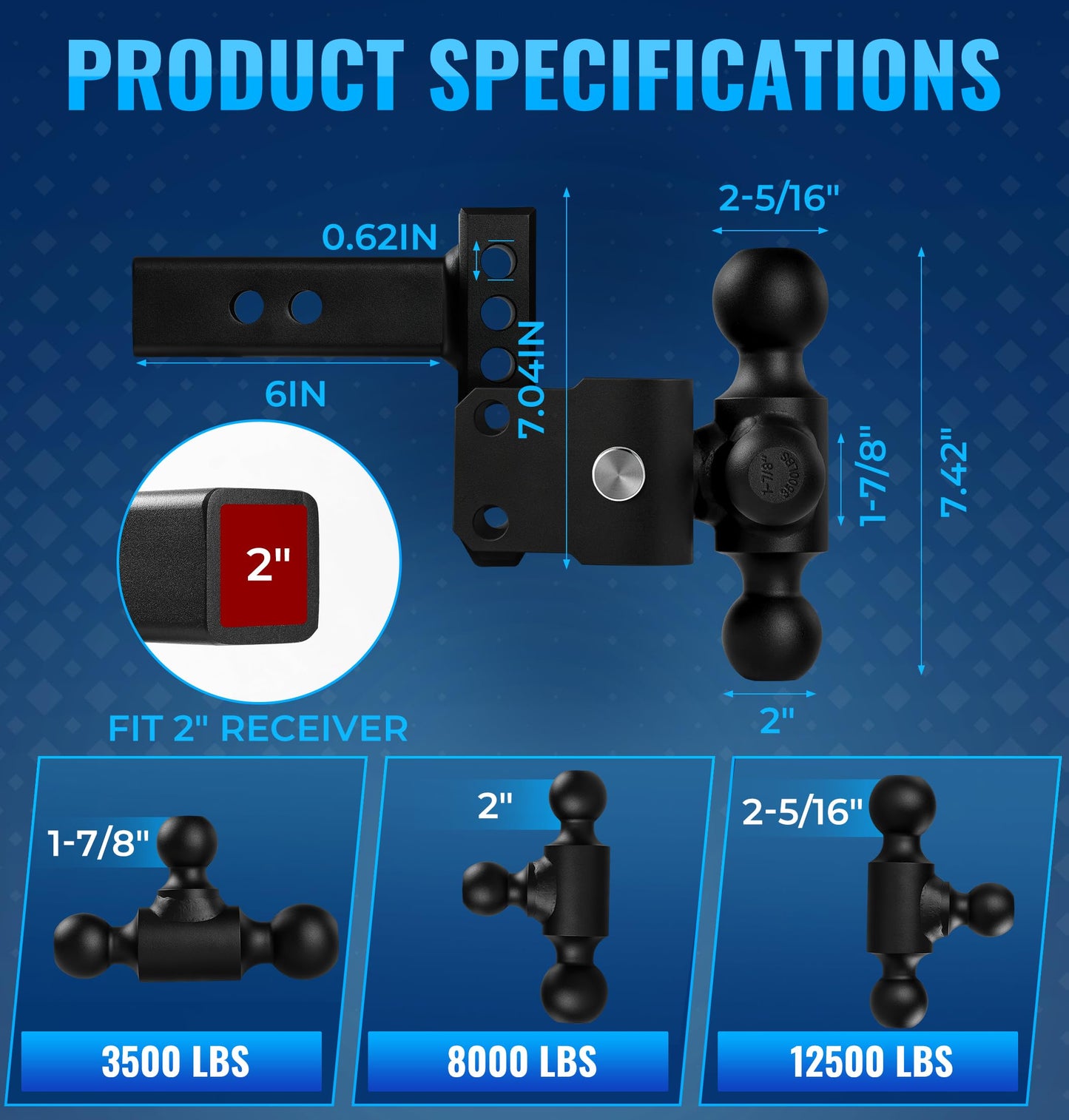 JEXTRA Adjustable Trailer Hitch Ball Mount, fits 2 Inch Hitch Receiver, 3" Rise & Drop Hitch Tri-Ball (1-7/8" x 2" x 2-5/16"),12,500 LBS GTW Trailer Hitch with Double Anti-Theft Locking Pins Black