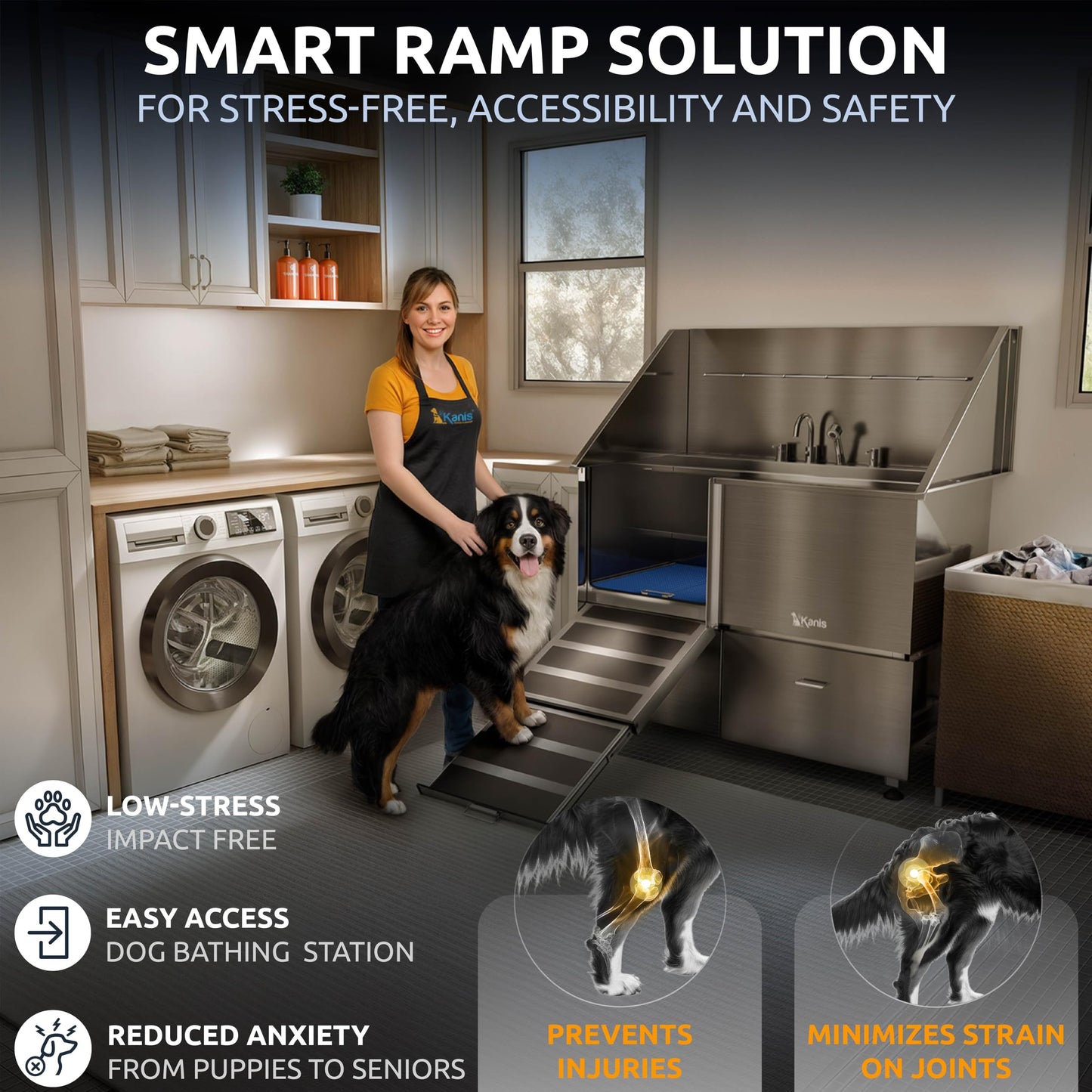 KANIS Professional Dog Washing Station 304 Stainless Steel Pet Wash Sink & Grooming Bathtub w/Shower, Floor Grates and Storage for Large, Medium & Small Pets (Silver, 50 Inches, Left Ramp, 2 Drawers)