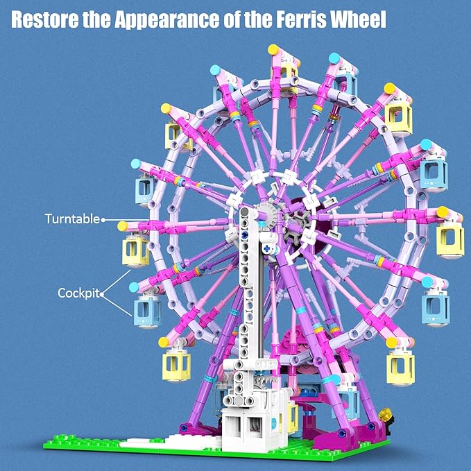 Ferris Wheel Building Block Set with Fairy Light Two-Way Rotating Ferris Wheel Building Set 813 Pieces Amusement Park Interlocking Blocks Toys for Ages 8-13 Gift Idea for Boys and Girls