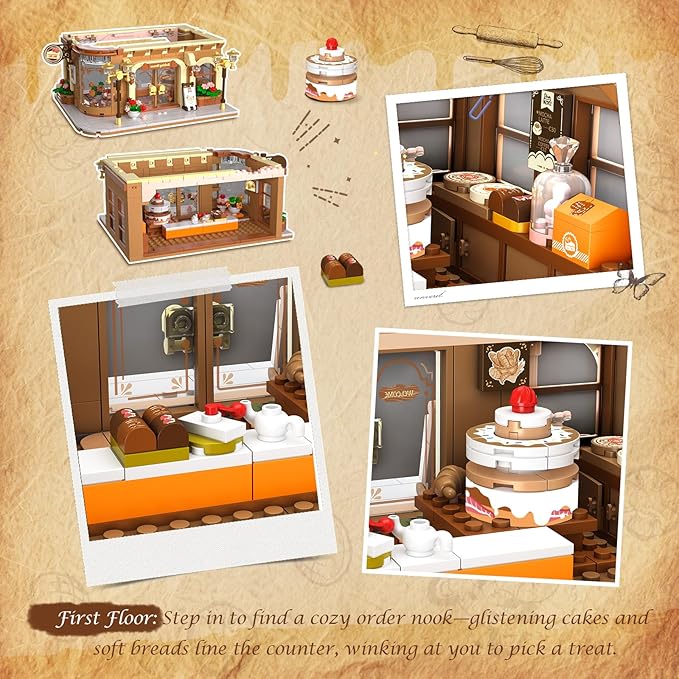 Flower Bakery Coffee House Building Set with Lights City Cafe Baking House Display Model Toy 1289 PCS Modular Construction Building Blocks Kit Home Decor Gift for Adults Teens Girls 12+