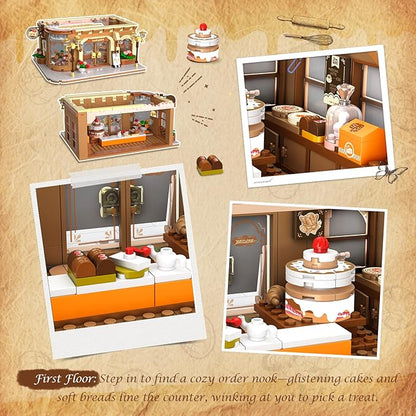 Flower Bakery Coffee House Building Set with Lights City Cafe Baking House Display Model Toy 1289 PCS Modular Construction Building Blocks Kit Home Decor Gift for Adults Teens Girls 12+