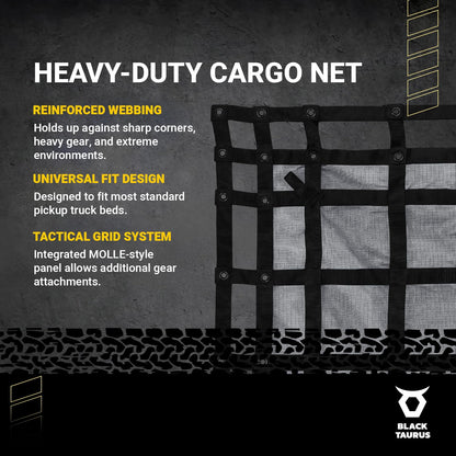 Black Taurus Heavy Duty Mesh Cargo Net – Stretchable Mesh Cargo Net for Trailer, Roof Rack, Pickup Truck, and ATV - Truck Bed Netting for Secure Load with 4 Adjustable Straps - 4.75 ft x 6 ft