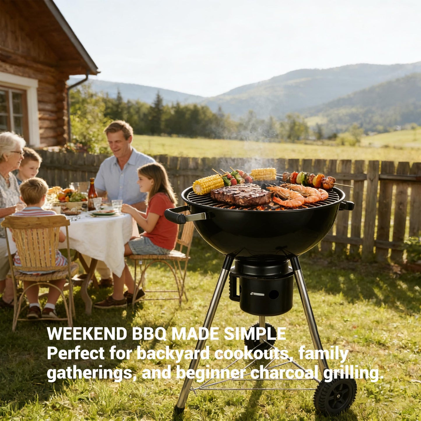 18-Inch Kettle Charcoal Grill with Lid & Wheels, Beginner-Friendly BBQ Grill for Backyard, Patio & Family Cookouts, Easy-to-Use Outdoor Charcoal Grill with Ash Catcher