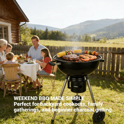 18-Inch Kettle Charcoal Grill with Lid & Wheels, Beginner-Friendly BBQ Grill for Backyard, Patio & Family Cookouts, Easy-to-Use Outdoor Charcoal Grill with Ash Catcher