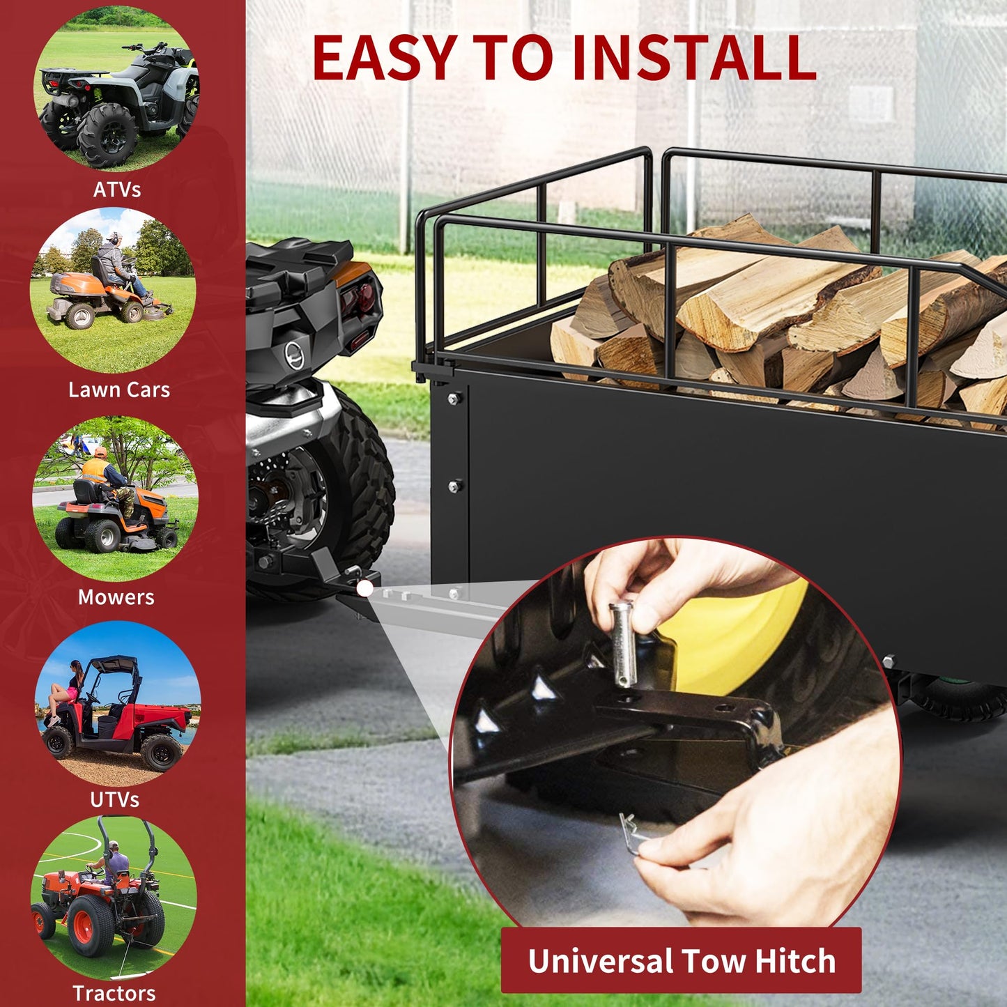 YITAMOTOR ATV Dump Trailer, Heavy Duty Tow Behind Dump Cart, Capacity 750lbs, 15 Cu.Ft., Yard Garden Utility Trailer for Pull Behind Lawn Mower Tractor, Alloy Steel Shelf & Extra 5" Height Guardrail