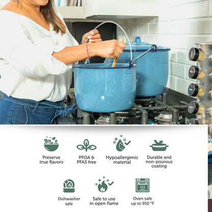 Cinsa 8-Piece Enameled Steel Stock Pots (14 & 8 QT) with Lids, Turquoise Blue Cookware Set