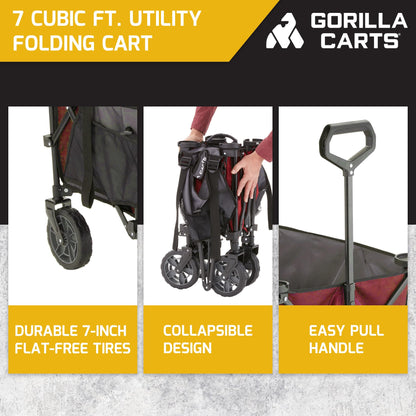 Gorilla Carts Collapsible Folding Outdoor Utility Wagon, 7 Cu Ft Oversized Bed, 150 lb Load Rating, Red – Foldable Rolling Cart w/ Pockets & Cup Holders for Beach, Camping, Sports or Picnic
