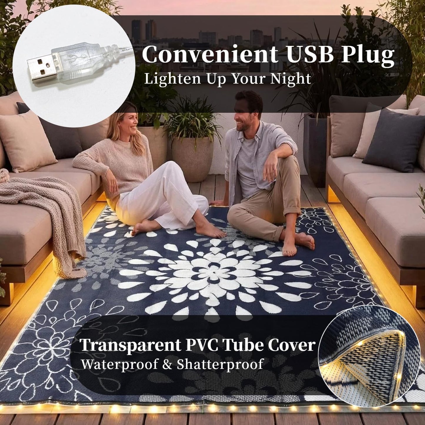 Wallona Outdoor Rugs 8x10 ft Patio Waterproof with Led Strip Lights Indoor Outdoor Carpet for Patio Plastic Straw Reversible Area Rugs Mat for RV, Camping, Beach, Picnic, Porch, Flower Blue & White