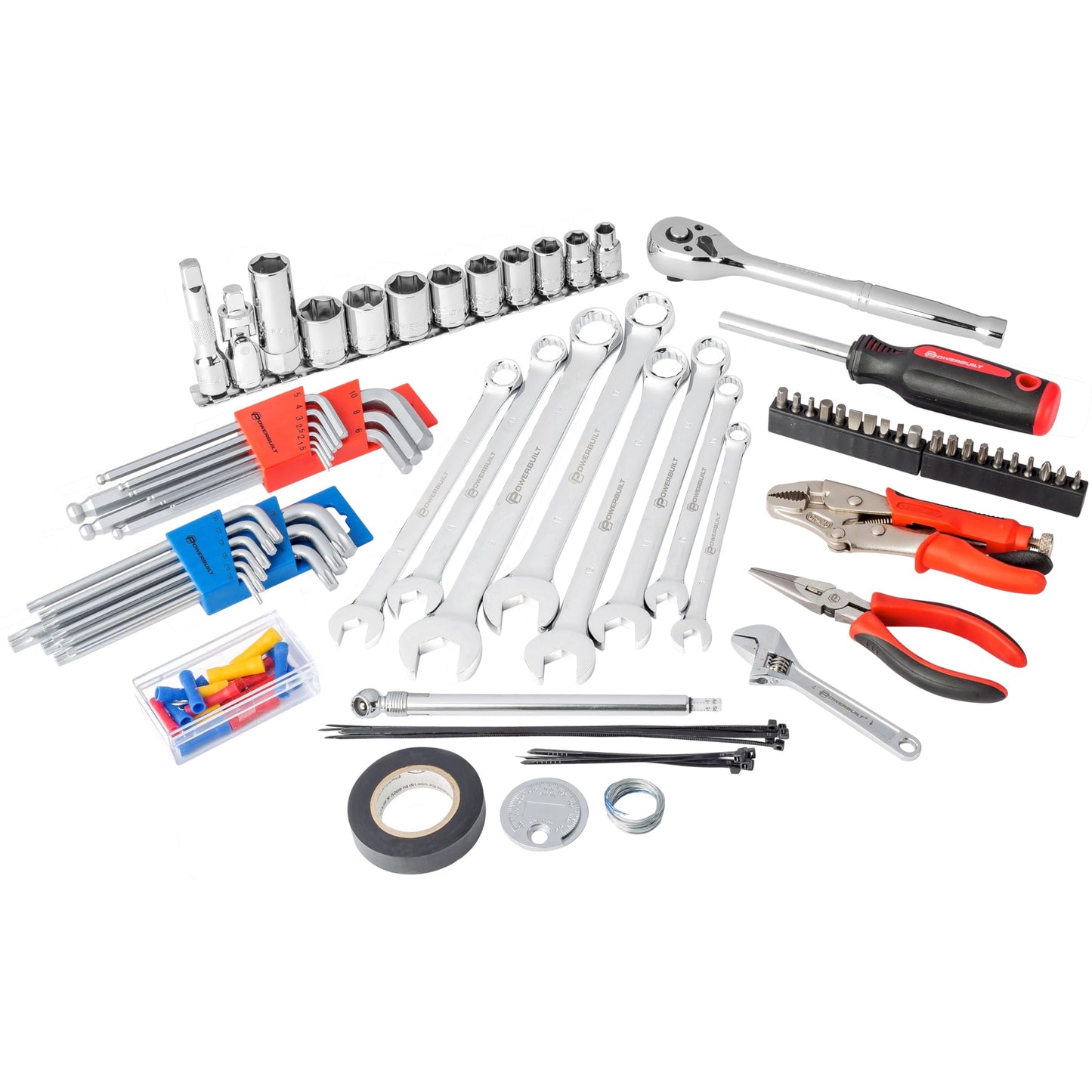 Powerbuilt 100 Piece Motorcycle Tool Kit with Roll Pouch, Roadside, Travel Wrenches, Ratchet, Sockets - 643028ECE