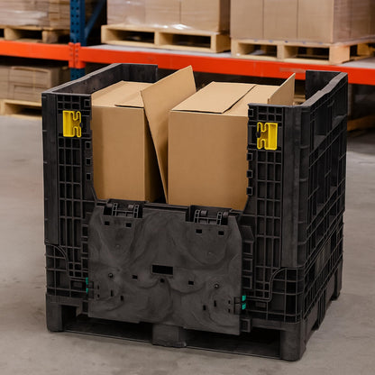 Buckhorn 32" x 30" x 34" Collapsible Bulk Box Container, Standard Duty Plastic Stacking Gaylord Box with 4-Way Forklift Access and 2 Drop Doors, 1700 lb Capacity Storage Tote, Black (BN32303420)