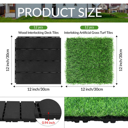 Treela 48 Pcs 12"x12" Plastic Interlocking Deck Tiles and Artificial Grass Tiles Waterproof Patio Balcony Flooring Covers 46.5 Sq. ft for Balcony Patio Deck Flooring Decor