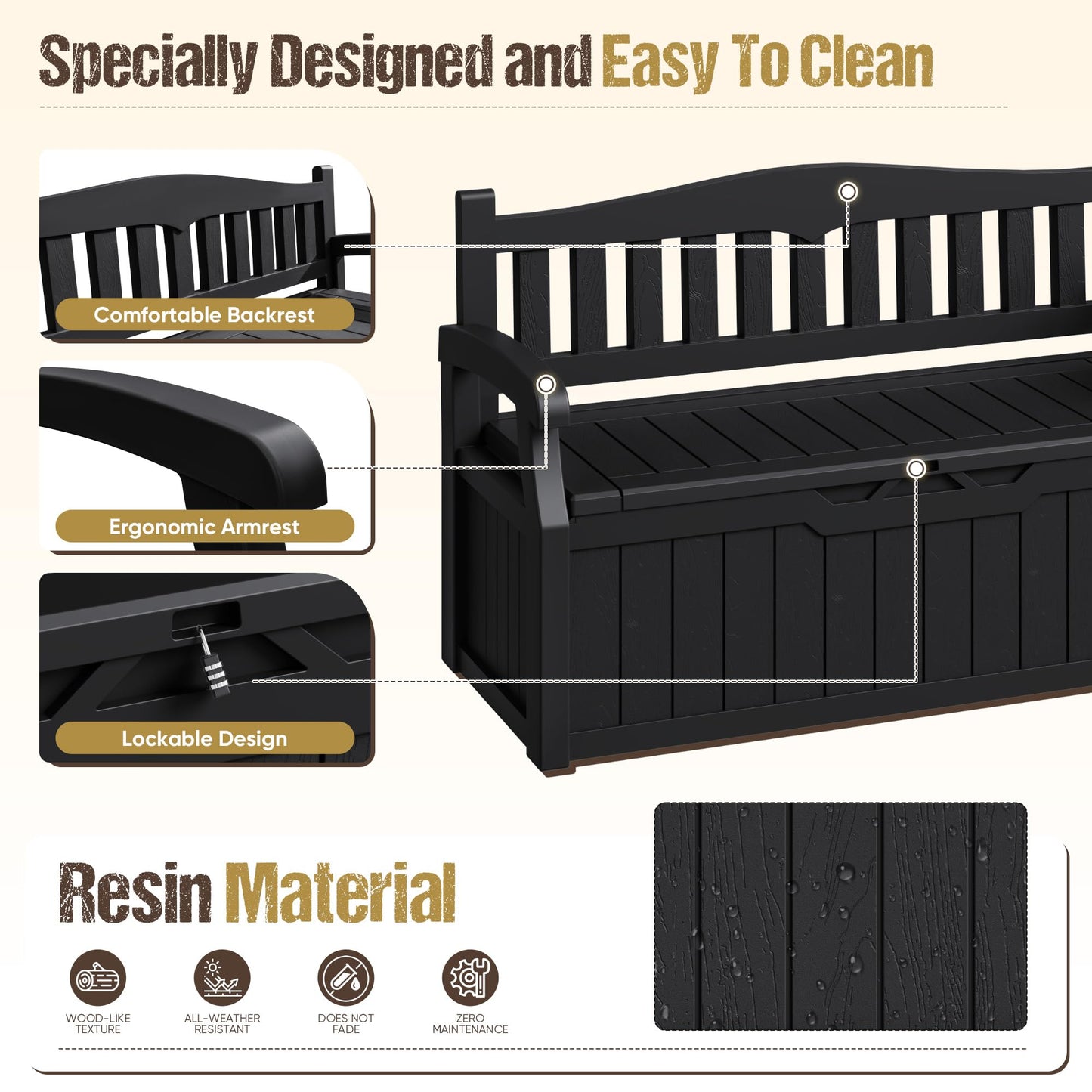 Acurax 80-Gallon Outdoor Storage Bench, Waterproof Deck Box with Lockable Lid & Armrests for Patio, Garden, Pool, Black