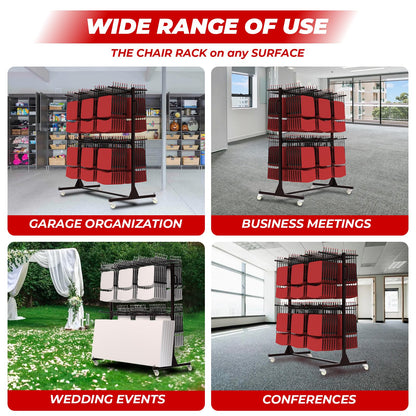 Folding Chair Rack, Heavy-Duty Folding Chair Cart with Storage Rack, 800 LBS Capacity Dual-Layer Chair Storage Dolly Holds 84 Folding Chairs or 42 Chairs+12 Table with Waterproof Cover
