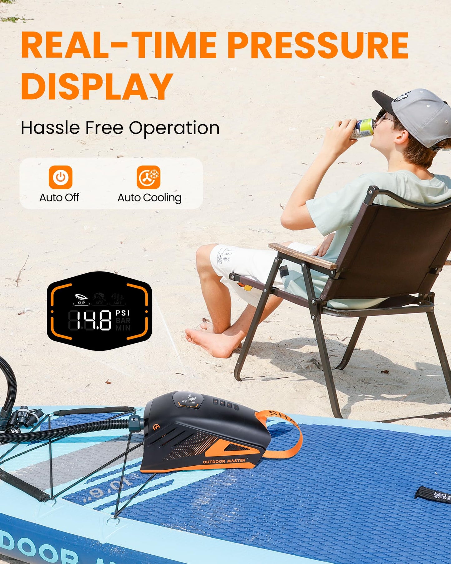 OutdoorMaster Shark 3 Paddle Board Pump Electric - 3'50" Fast Inflation, 20PSI 74Wh Rechargeable SUP Air Pump- Auto-Off & Deflation, 12V/15.8V DC & Type-C Input, 8 Nozzles for Inflatables, Boats,Kites