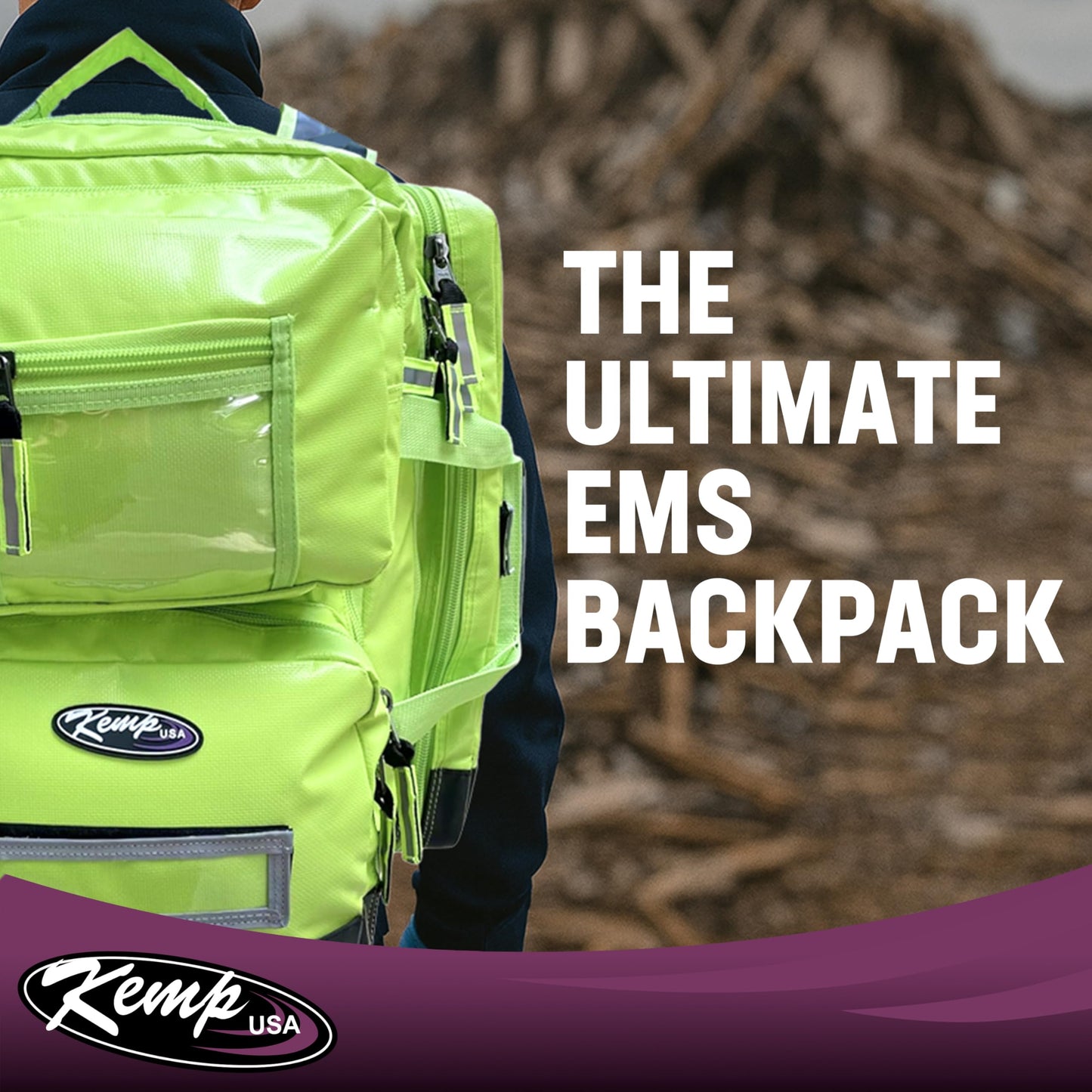 Kemp USA Ultimate EMS Backpack Neon Green Emergency Response Medical Bag Fluid Resistant Tarpaulin EMT Storage Fits BLS ALS Equipment D Tank Oxygen Cylinder Professional Field Use