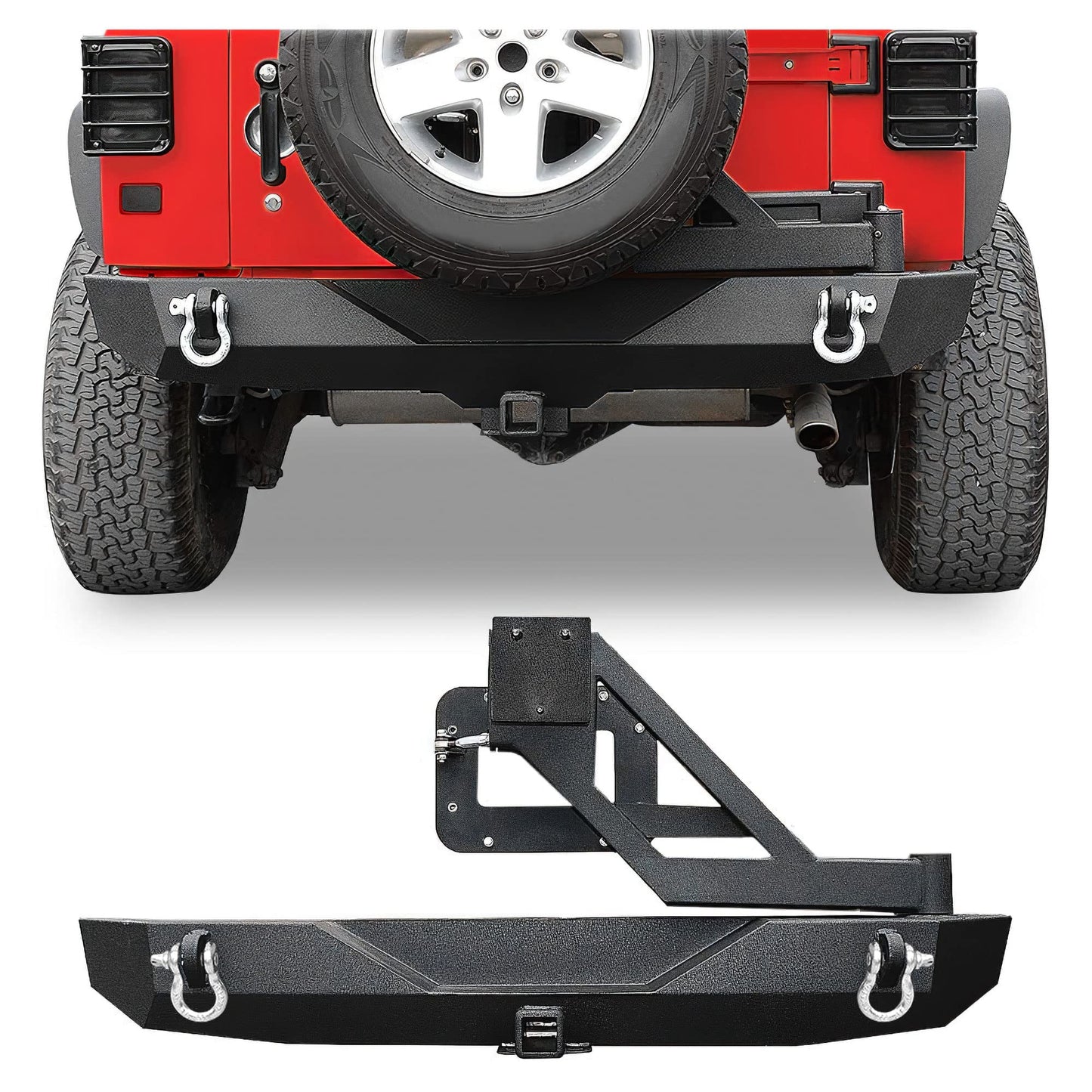 LEDKINGDOMUS Rear Bumper with Tire Carrier and 2" Hitch Receiver Compatible with 07-18 Wrangler JK JKU Rubicon Sahara Sports Model Offroad Rock Crawler Bumper Textured Black