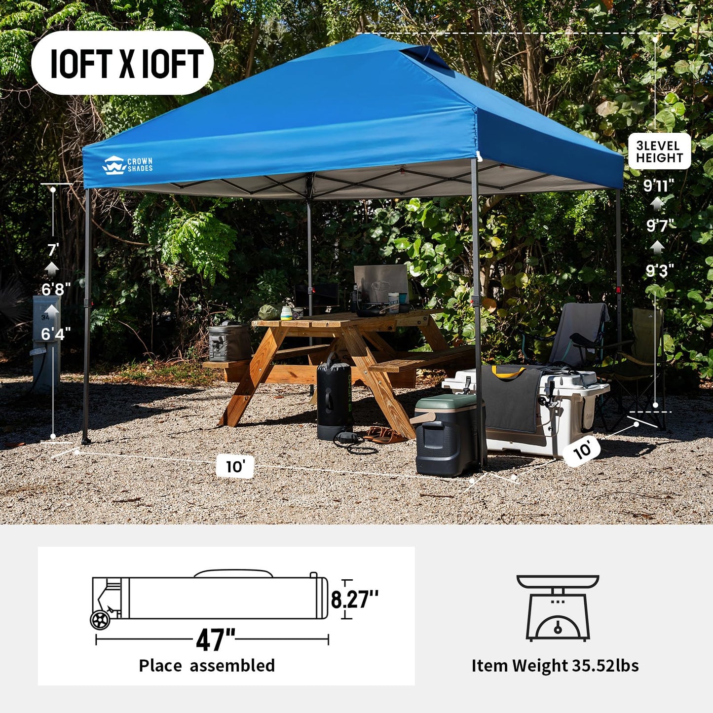CROWN SHADES 10x10 Pop Up Canopy Tent - Patented Center Lock One Push Instant Outdoor Canopy Beach Tent with STO-N-Go Bag 8 Stakes & 4 Sand Bags，Blue