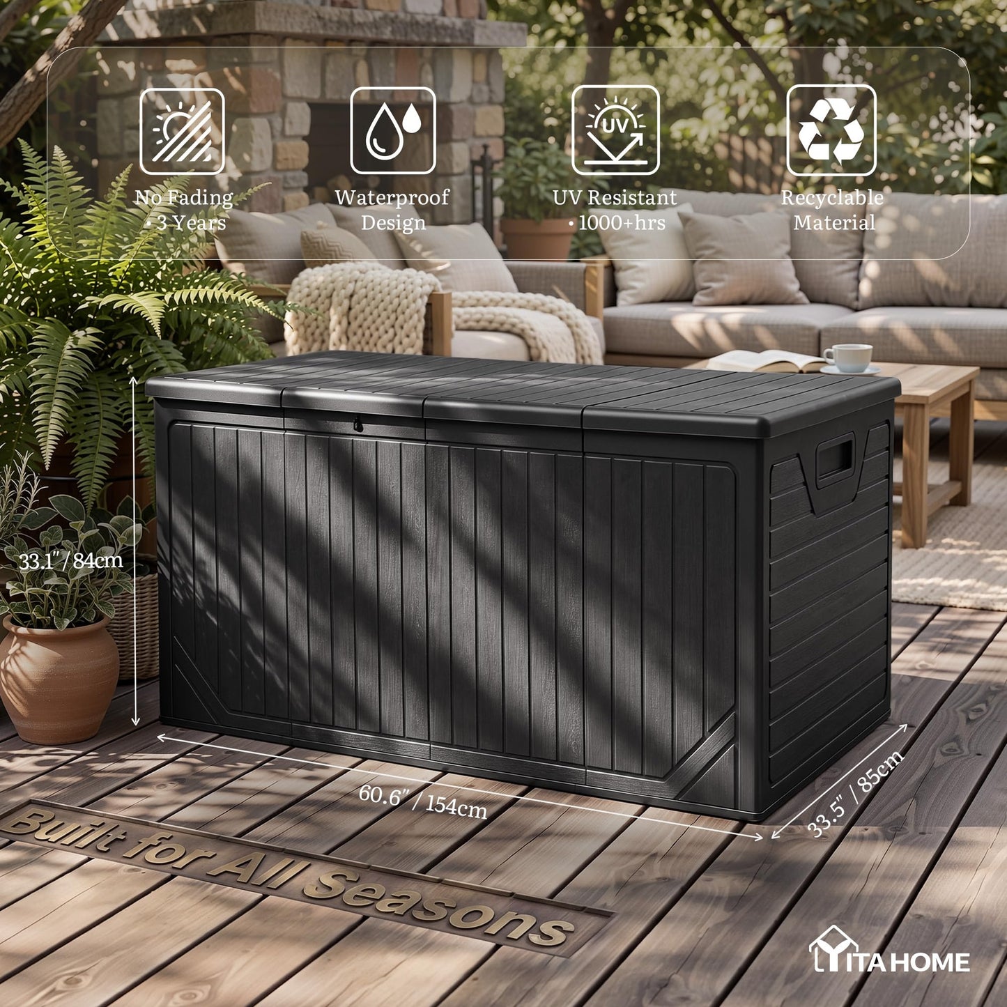 YITAHOME XXL 300 Gallon Extra Large Outdoor Deck Box, Lockable Resin Double-Wall Storage Box and Waterproof Patio Furniture Bin for Garden Tools & Pool Accessories, Black