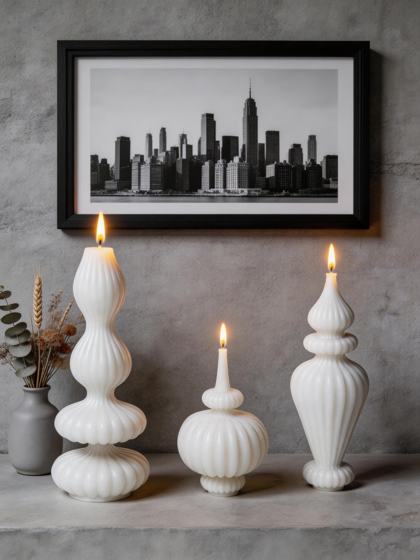 Ribbed Pillar Candles Set of 3，Modern Aesthetic Decorative Candle Set Cute Soy Wax Scented Ribbed Decor for Home Bathroom Living Room，White