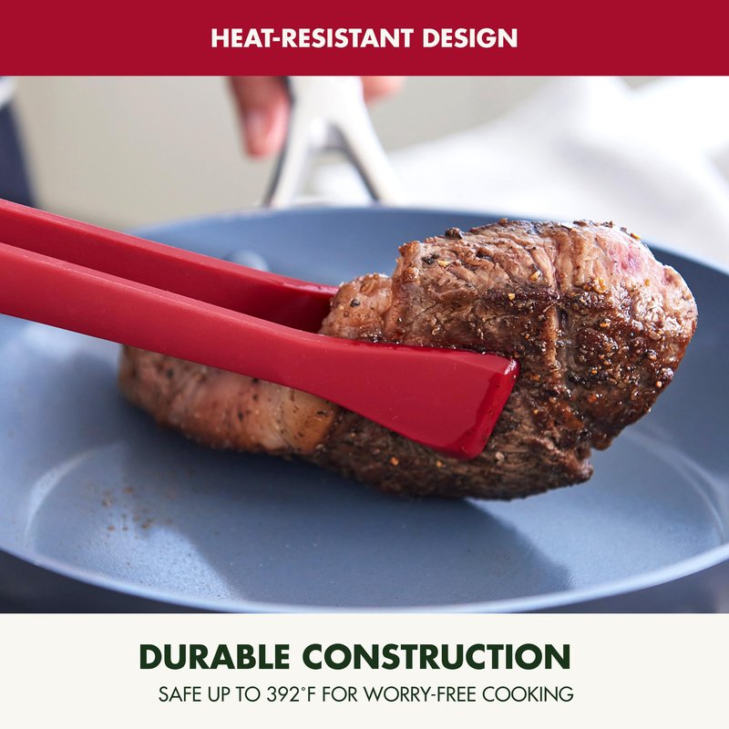 GreenPan Silicone Tong, Cooking Grilling Serving, Salad, Kitchen Utensil, Flexible Rubber Nonstick Cookware, Rigid Steel Core, Heat-Resistant, Anti-Slip Handle, BPA-Free, Dishwasher Safe, Red
