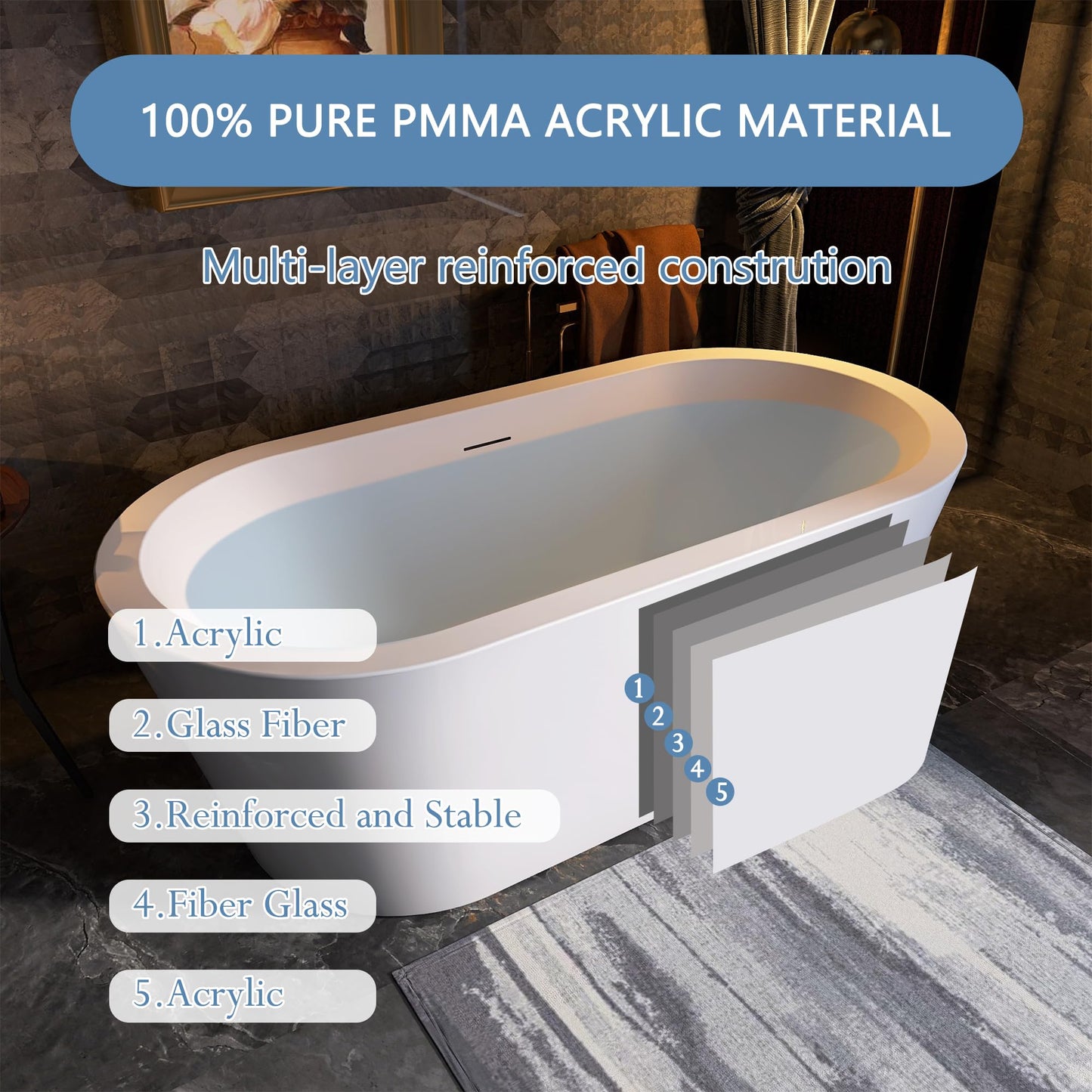 SYLONWILL 61 in. x 31 in.Classic Oval Acrylic Free Standing Tub, Heavy Duty Deep Soaking Tub, Bathroom Stand Alone Tub, Freestanding Bathtub SY1255 (Glossy White)