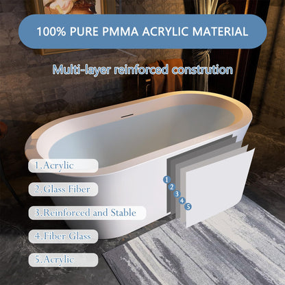 SYLONWILL 61 in. x 31 in.Classic Oval Acrylic Free Standing Tub, Heavy Duty Deep Soaking Tub, Bathroom Stand Alone Tub, Freestanding Bathtub SY1255 (Glossy White)