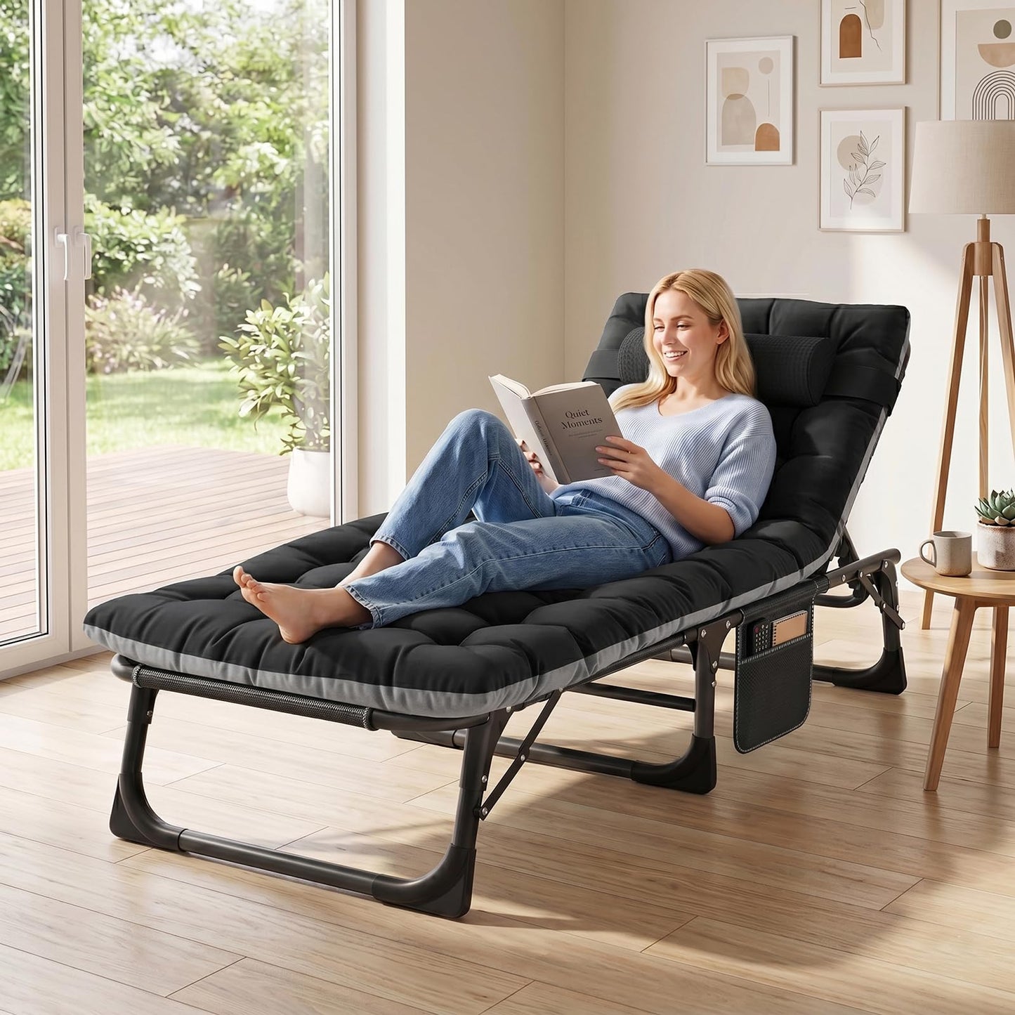 ABORON 3-in-1 Folding Lounge Chair with Padded Cushion, 440LB Heavy-Duty 3-Fold Adjustable Recliner & Guest Bed, No Assembly Portable Chaise Lounge for Patio, Poolside, Office Nap & Camping