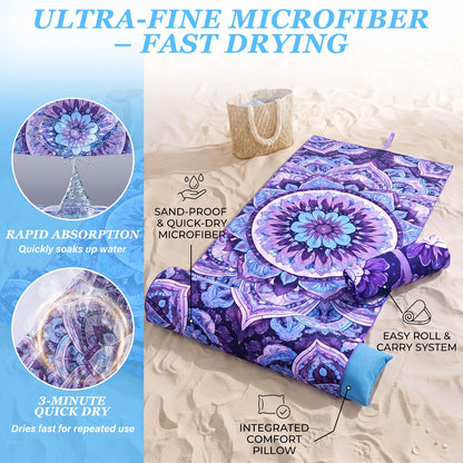 Lumina Garden 2 in 1 Microfiber Beach Towel with Round Inflatable Pillow 71'' x 32'' Mandala Lounge Chair Towel Oversized Quick Dry Blanket with Straps Pillowcases for Seaside Pool Camping