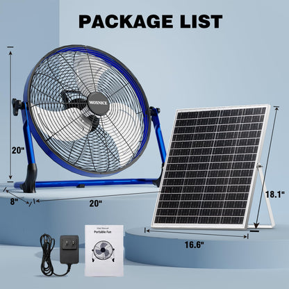 MOXNICE 18" Solar Rechargeable Floor Fan, 30W Cordless Solar Fan Outdoor, Portable Camping Fan, Hi-airflow, USB Output, Wireless, for Home Garage RV Camping Greenhouse