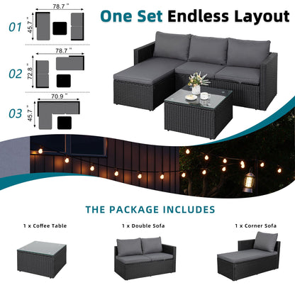 SUNLEI 4-Piece Patio Furniture Set with 43" Propane Fire Pit Table, Outdoor Wicker Sectional Sofa Set, All-Weather Conversation Set for Backyard, Poolside, Garden, Grey Cushions