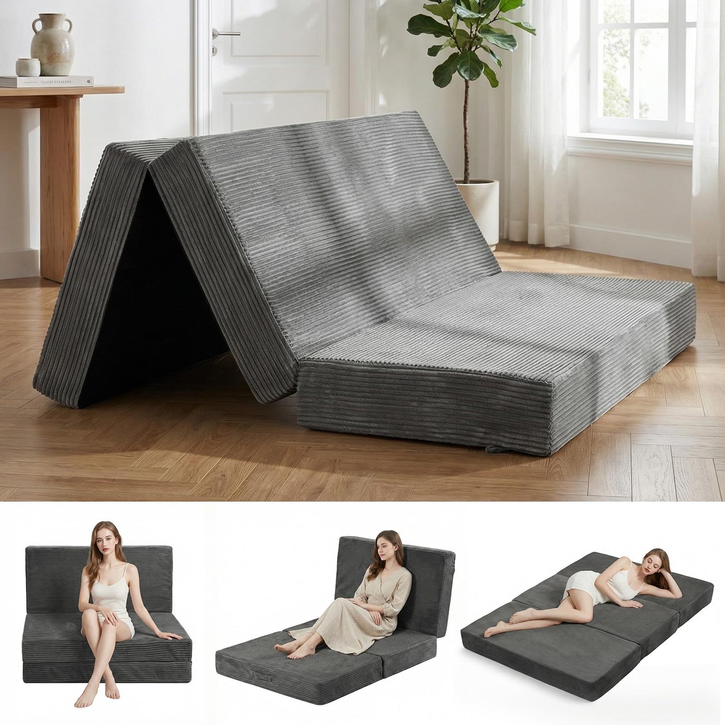 Erament 6-Inch Tri-Fold Mattress Full Size, Covertible Sofa Bed Foldable Futon Mattress with Handles & Non-Slip Bottom, Removable Machine Washable Corduroy Cover for Guest, Camping, Dorm
