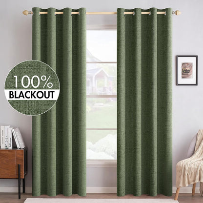 MIULEE Blackout Linen Textured Curtains - Thermal Insulated Olive Green Drapes | 52 x 96 Inch (2 Panels)