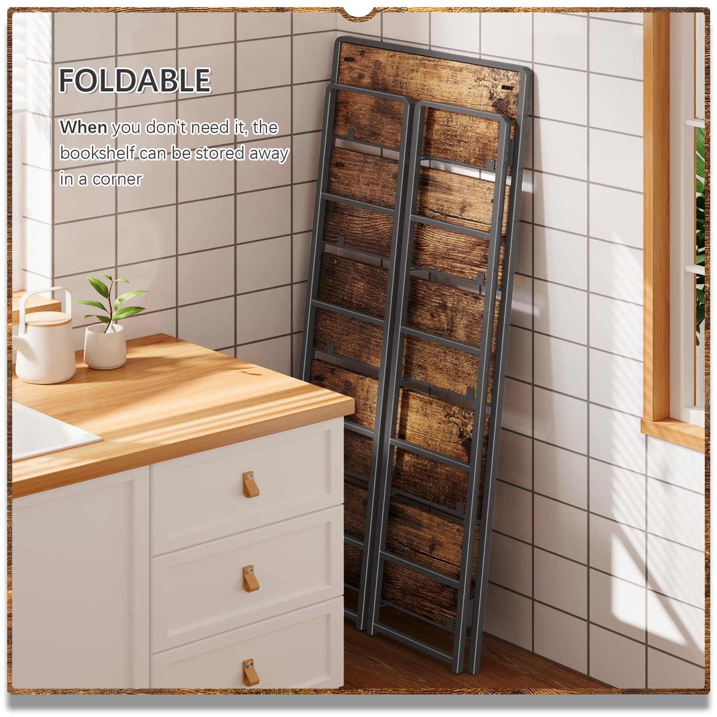 4NM No Assembly 5 Tiers Folding Bookshelf Storage Shelves Vintage Bookcase Standing Racks Study Organizer Home Office (Rustic Brown Black)