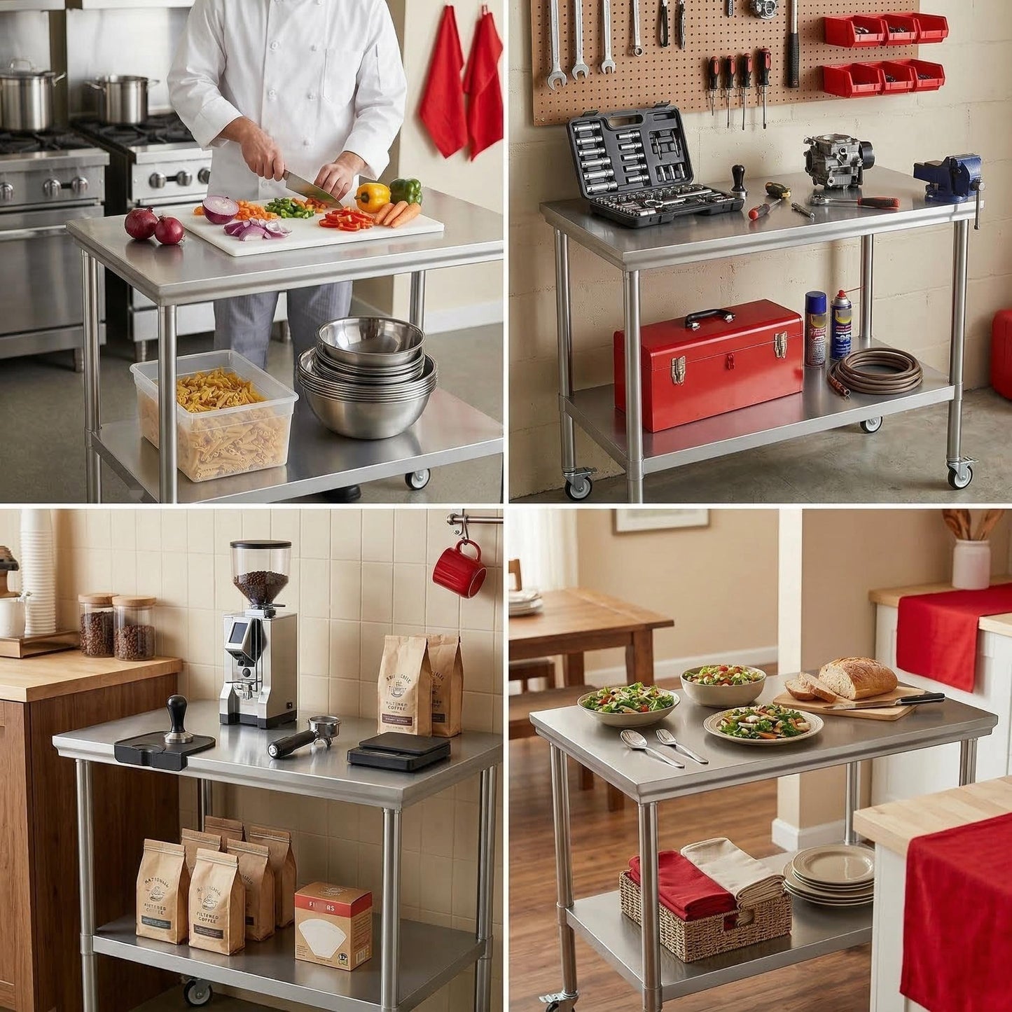 FITHOW Stainless Steel Pulley Workbench with Casters, 20 * 40 inches Commercial Heavy-Duty Workbench and Prep Table with Lower Shelf, Suitable for Restaurant Kitchens, Outdoor barbecues and garages