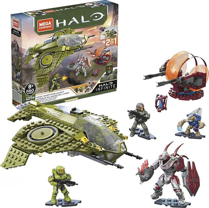 MEGA Halo Infinite Toy Building Set UNSC Wasp Onslaught Aircraft with 406 Pieces 4 Poseable Action Figures and Accessories for Collectors