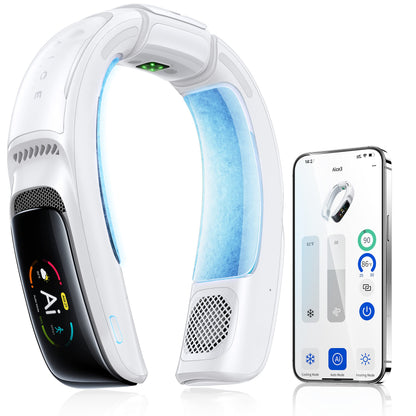 RANVOO No.1 AI Cooling A/C AICE 3 AI Neck Air Conditioner 7000mAh 30H [Full-body Cooling] [Health Monitor] Personal Neck Fan Cooler Rechargeable Wearable Music Call Gift [No Stand Version], Ice White