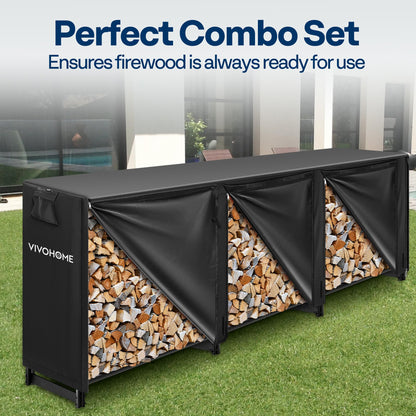 VIVOHOME 10 ft Heavy Duty Firewood Rack Outdoor with Cover, Fire Wood Storage Rack, Log Holder and Cover Combo Set with Zipper, Black