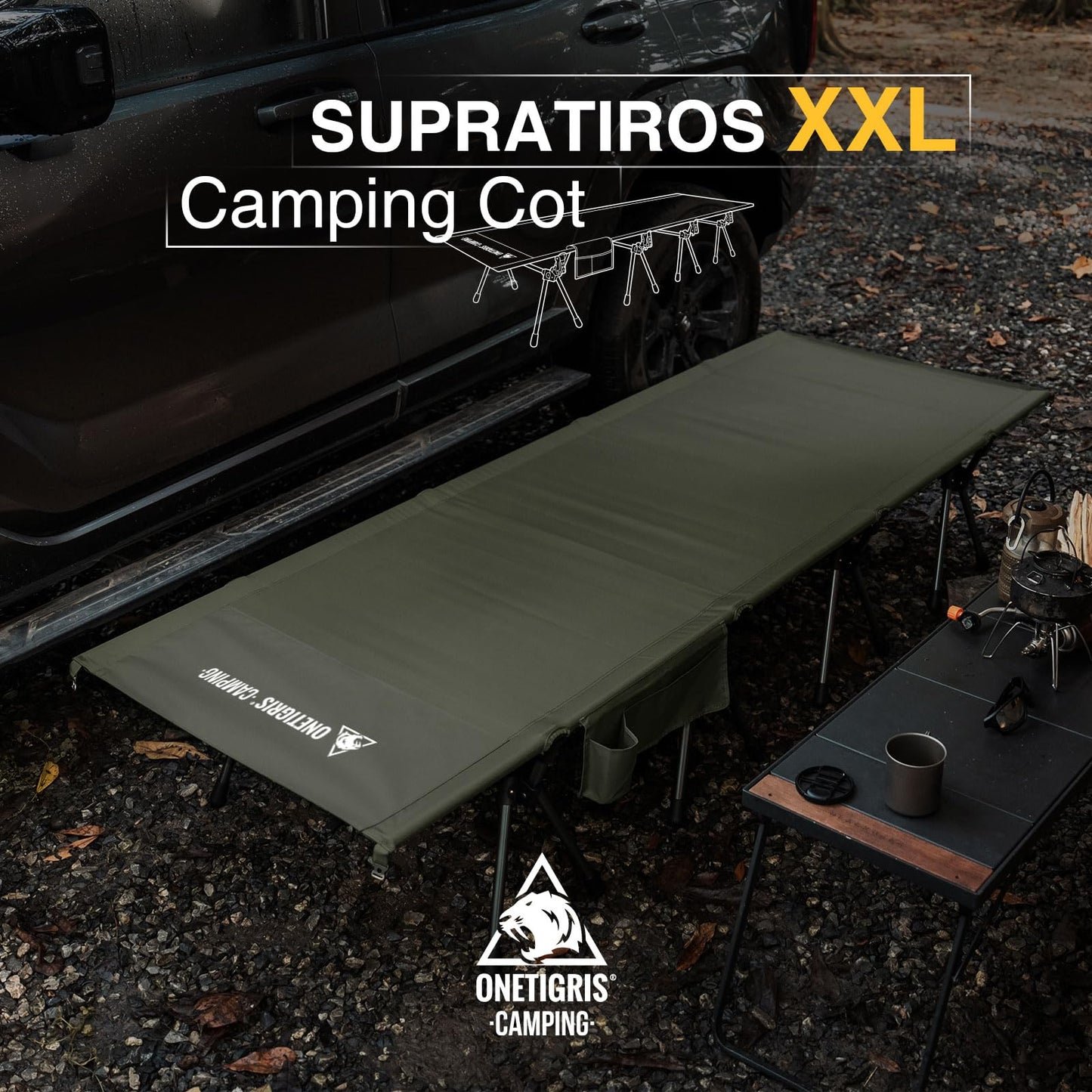 ONETIGRIS SUPRATIROS Extra Large Camping Cot, Height Adjustable Oversized Sleeping Cot with Extending Legs for Camping, Car Trips, Truck, Beach, Office Nap, Sturdy Supports Up to 400lbs (Ranger Green)