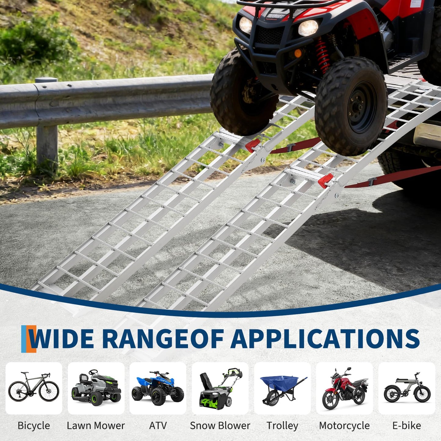7.5 ft Aluminum Loading Ramps - 750 LBS Capacity Folding Motorcycle Ramp with Rubber-Tipped Fingers & Load Straps for Dirt Bike, UTV, ATV, Trucks, Lawn Mowers, Cargo Trailer
