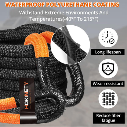 HOKINETY Kinetic Recovery Tow Rope: 1.26" x 30ft Snatch Strap with Soft Shackles Heavy Duty Offroad Towing Straps Kit for Trucks SUV UTV ATV Tractor Car Jeep - Black