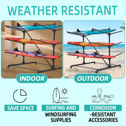 GCCSJ Kayak Storage Rack, 3-Leves Freestanding Kayak Stand with Wheels, Adjustable Canoes and Surfboards Bracket for Garage and Outdoor Kayak Racks